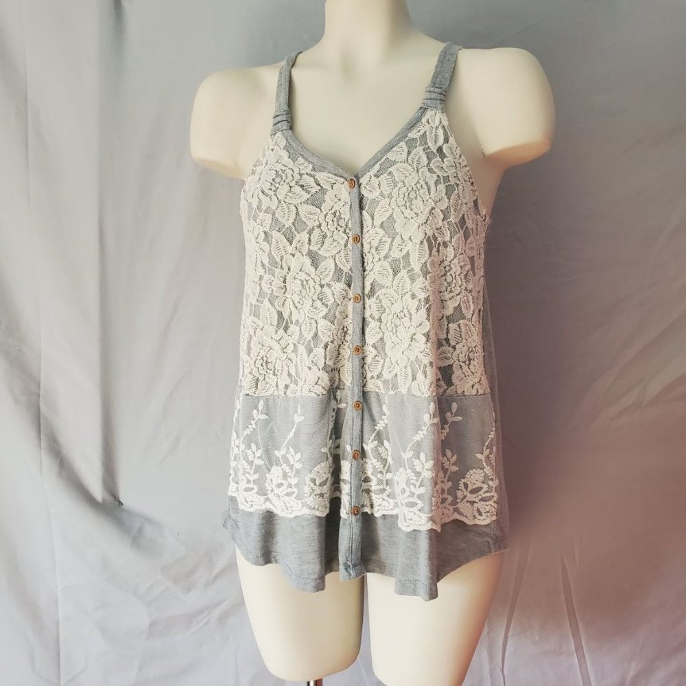 Rewind gray and white lace tank top